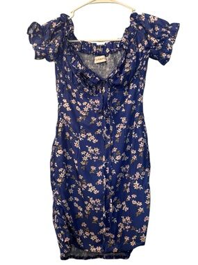 Hello Molly Dress Blue Floral Puff Sleeve Ruched Mini Front tie Dress Size S